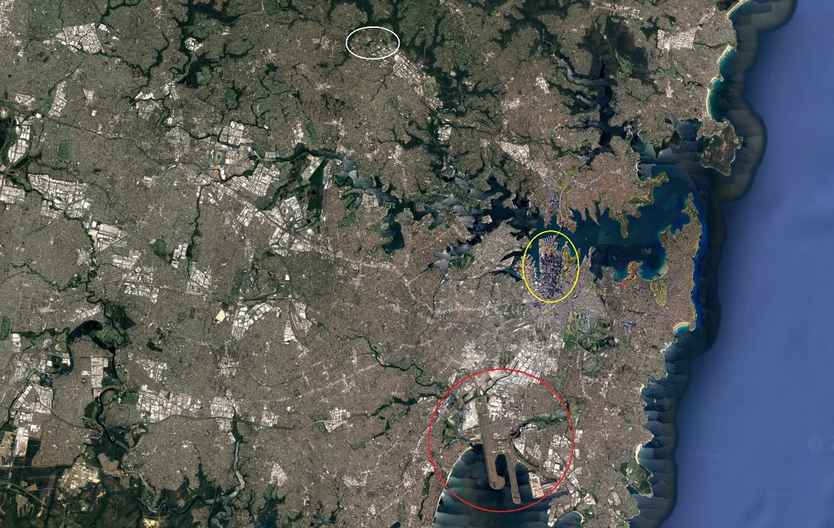 Satellite view of the Marsfield region. White circle is the CSIRO Marsfield office, yellow circle is the City of Sydney, and red circle Sydney Airport.